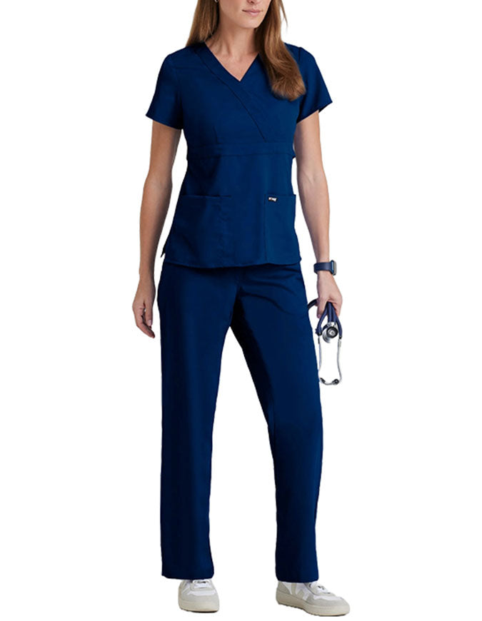 Grey's Anatomy 25.5 Inch Women's Mock Wrap Nurse Scrub Top Indigo