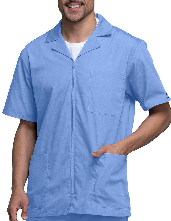 Cherokee 30.5 Inch Men's Three Pocket Zip Front Medical Scrub Jacket - ciel