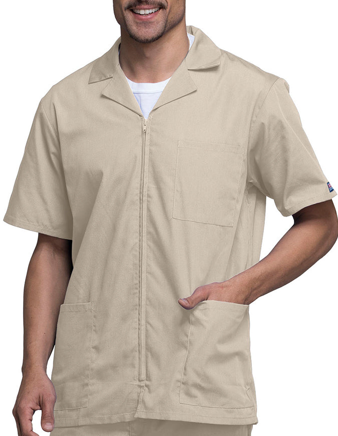 Cherokee 30.5 Inch Men's Three Pocket Zip Front Medical Scrub Jacket - Khaki