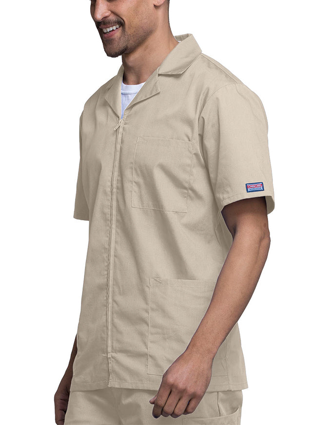 Cherokee 30.5 Inch Men's Three Pocket Zip Front Medical Scrub Jacket - Khaki