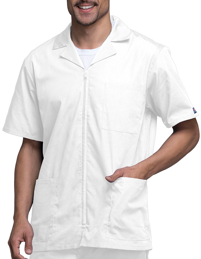 Cherokee 30.5 Inch Men's Three Pocket Zip Front Medical Scrub Jacket - white