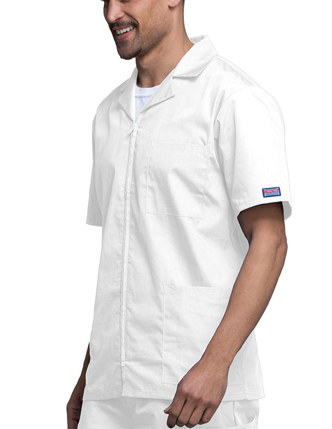 Cherokee 30.5 Inch Men's Three Pocket Zip Front Medical Scrub Jacket - white