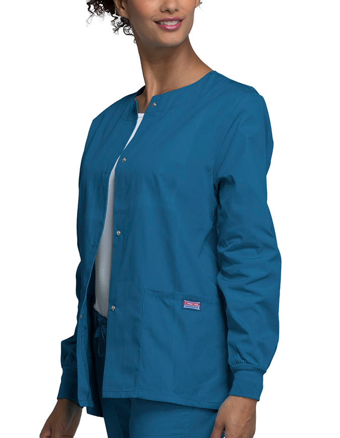 Cherokee Workwear 27.5 Inch Women's Snap Front Warm-Up Scrub Jacket Caribbean Blue