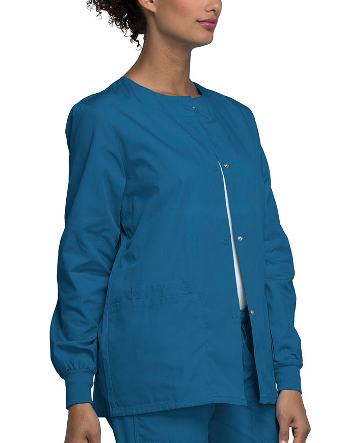 Cherokee Workwear 27.5 Inch Women's Snap Front Warm-Up Scrub Jacket Caribbean Blue