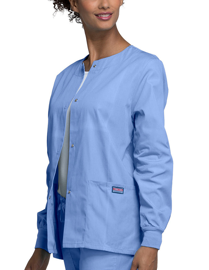 Cherokee Workwear 27.5 Inch Women's Snap Front Warm-Up Scrub Jacket Ciel Blue