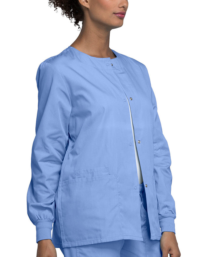 Cherokee Workwear 27.5 Inch Women's Snap Front Warm-Up Scrub Jacket Ciel Blue