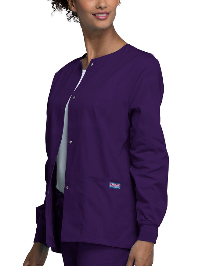 Cherokee Workwear 27.5 Inch Women's Snap Front Warm-Up Scrub Jacket Eggplant