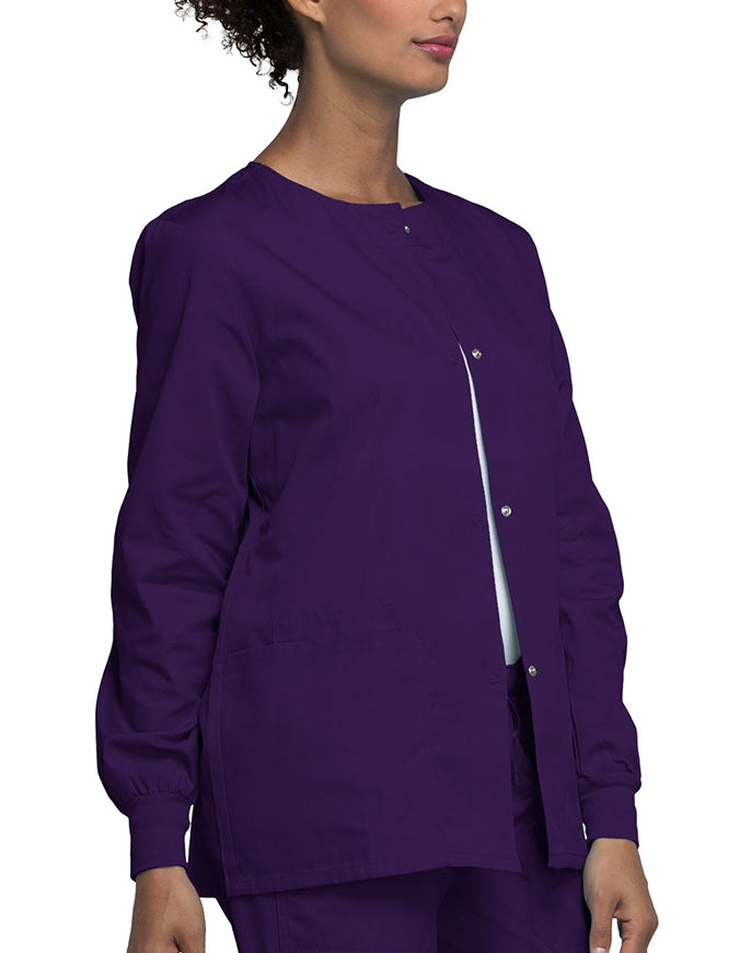 Cherokee Workwear 27.5 Inch Women's Snap Front Warm-Up Scrub Jacket Eggplant