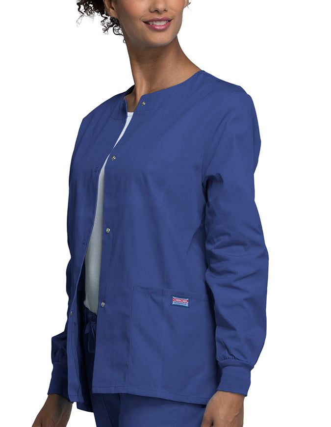 Cherokee Workwear 27.5 Inch Women's Snap Front Warm-Up Scrub Jacket Galaxy Blue