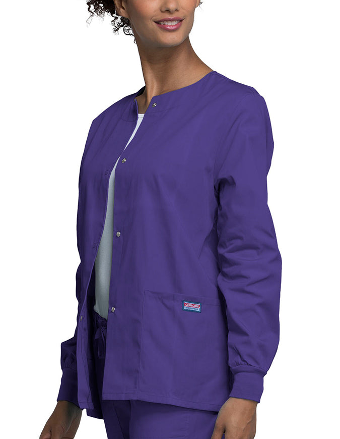 Cherokee Workwear 27.5 Inch Women's Snap Front Warm-Up Scrub Jacket Eggplant