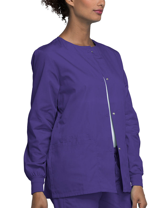 Cherokee Workwear 27.5 Inch Women's Snap Front Warm-Up Scrub Jacket Eggplant