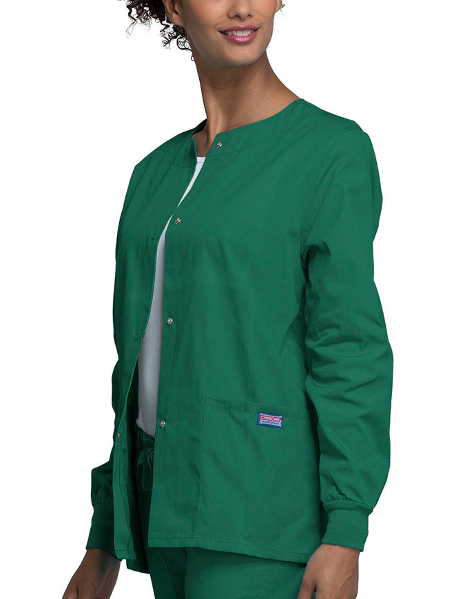 Cherokee Workwear 27.5 Inch Women's Snap Front Warm-Up Scrub Jacket Hunter Green