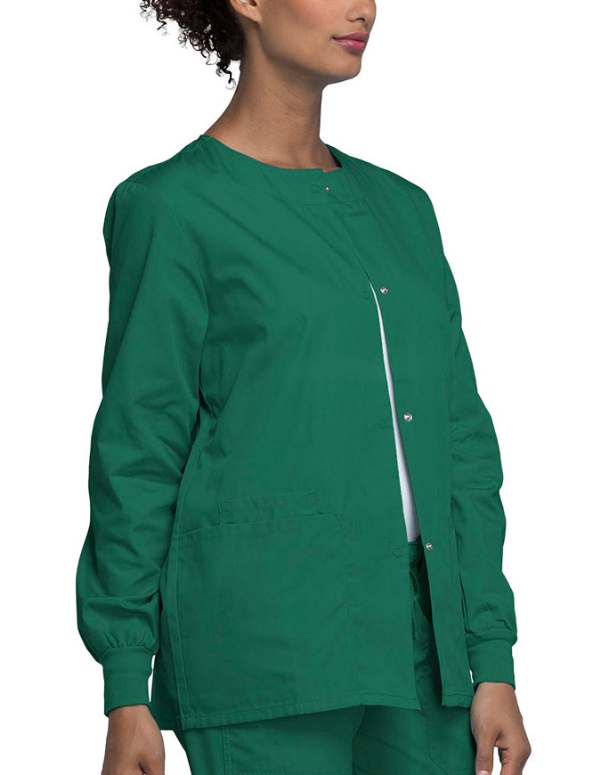 Cherokee Workwear 27.5 Inch Women's Snap Front Warm-Up Scrub Jacket Hunter Green