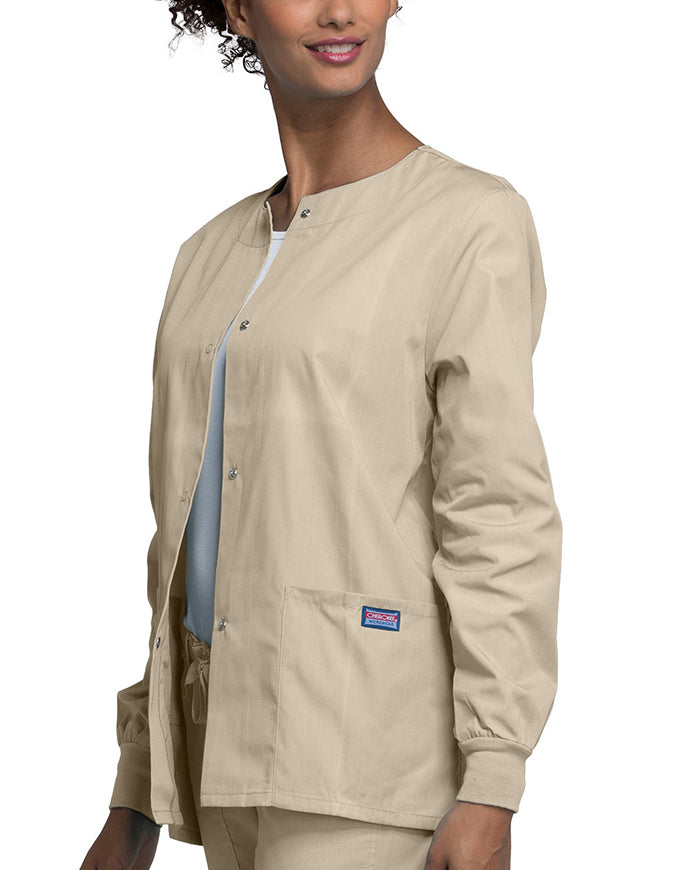 Cherokee Workwear 27.5 Inch Women's Snap Front Warm-Up Scrub Jacket Khaki