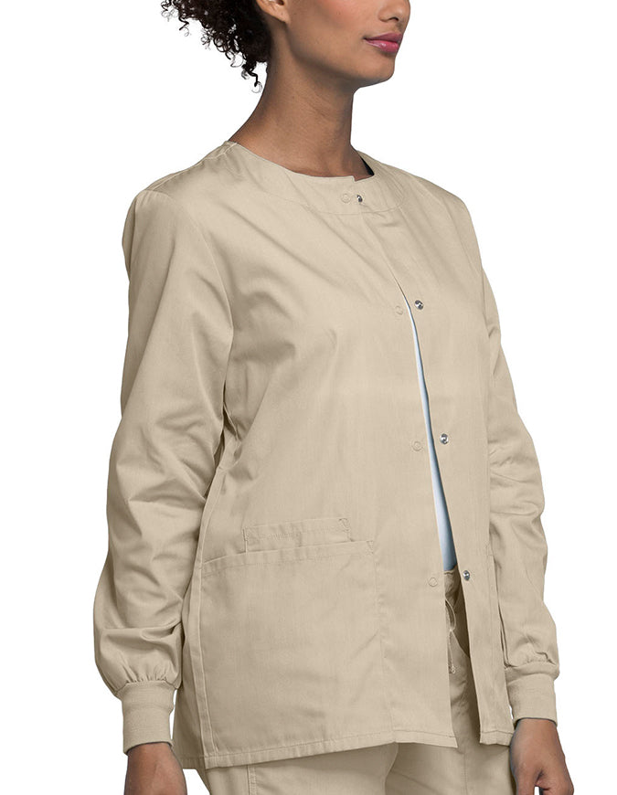 Cherokee Workwear 27.5 Inch Women's Snap Front Warm-Up Scrub Jacket Khaki