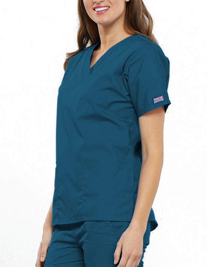 Cherokee Workwear Women's V-neck Solid Scrub Top Caribbean Blue