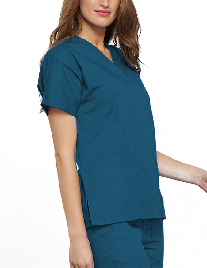 Cherokee Workwear Women's V-neck Solid Scrub Top Caribbean Blue