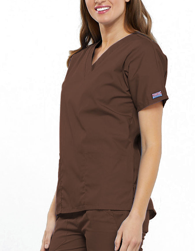 Cherokee Workwear Women's V-neck Solid Scrub Top Chocolate