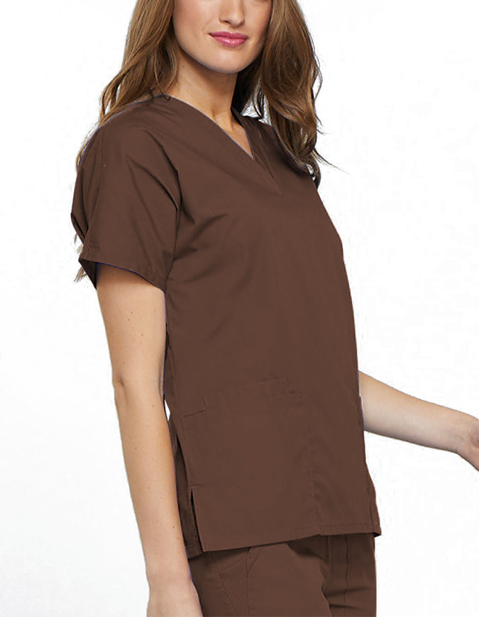 Cherokee Workwear Women's V-neck Solid Scrub Top Chocolate