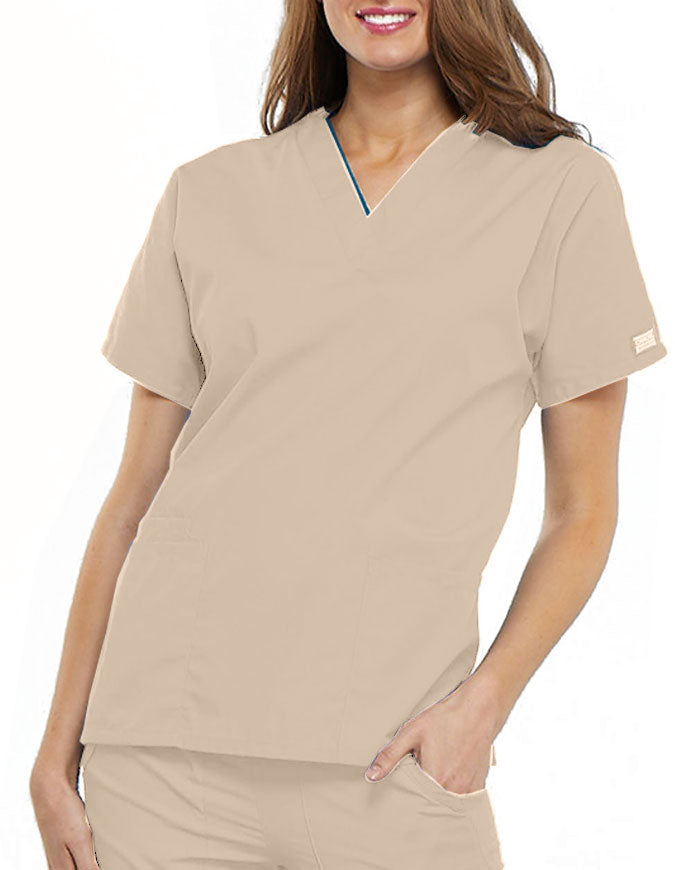 Cherokee Workwear Women's V-neck Solid Scrub Top Khaki