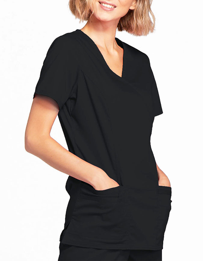 Cherokee Workwear Womens Mock Wrap Scrub Top Black