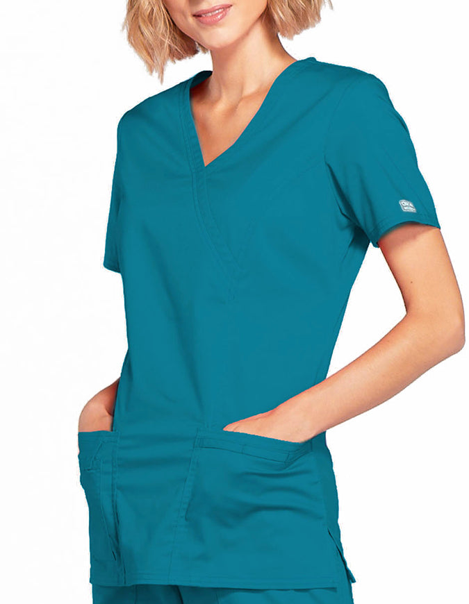 Cherokee Workwear Womens Mock Wrap Scrub Top Caribbean Blue