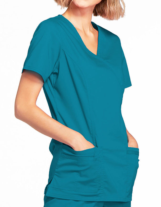 Cherokee Workwear Womens Mock Wrap Scrub Top Caribbean Blue