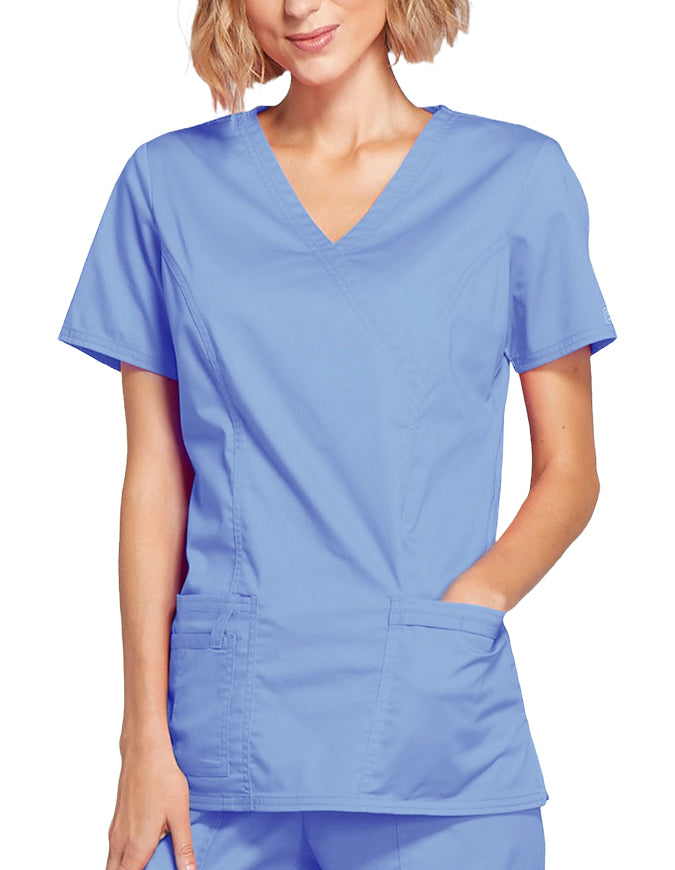 Cherokee Workwear Womens Mock Wrap Scrub Top Ciel