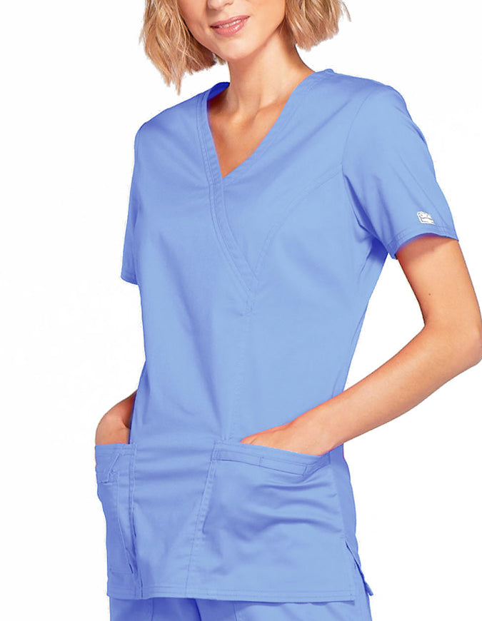 Cherokee Workwear Womens Mock Wrap Scrub Top Ciel