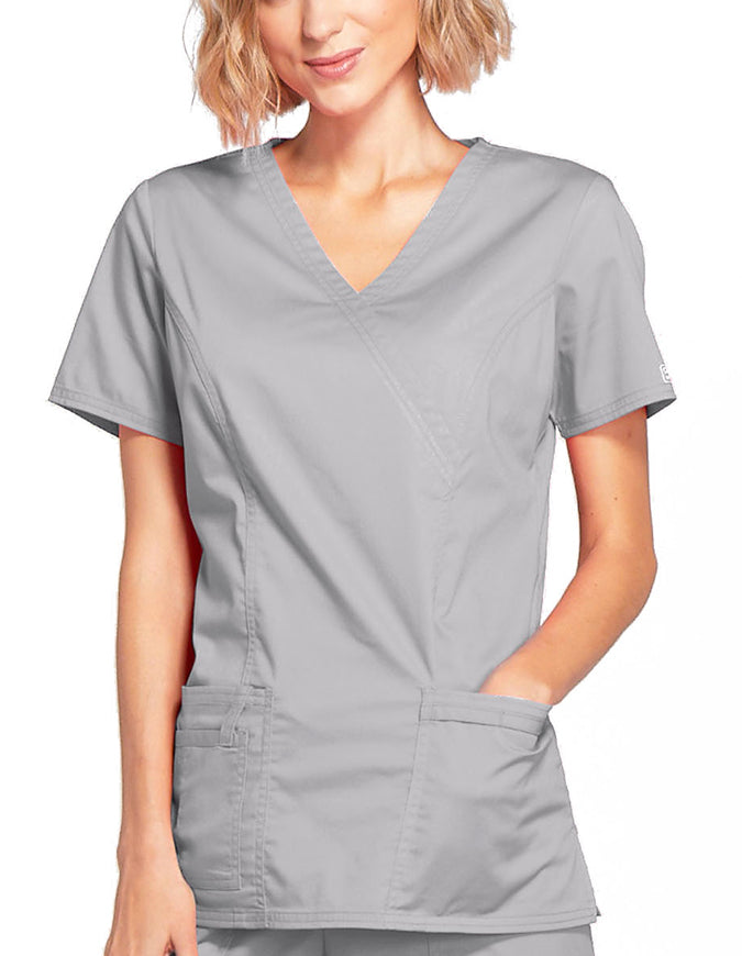 Cherokee Workwear Womens Mock Wrap Scrub Top Grey