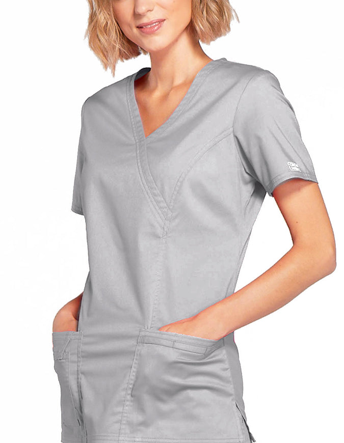 Cherokee Workwear Womens Mock Wrap Scrub Top Grey