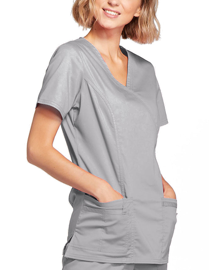 Cherokee Workwear Womens Mock Wrap Scrub Top Grey