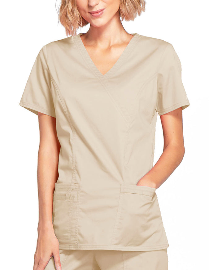 Cherokee Workwear Womens Mock Wrap Scrub Top Khaki