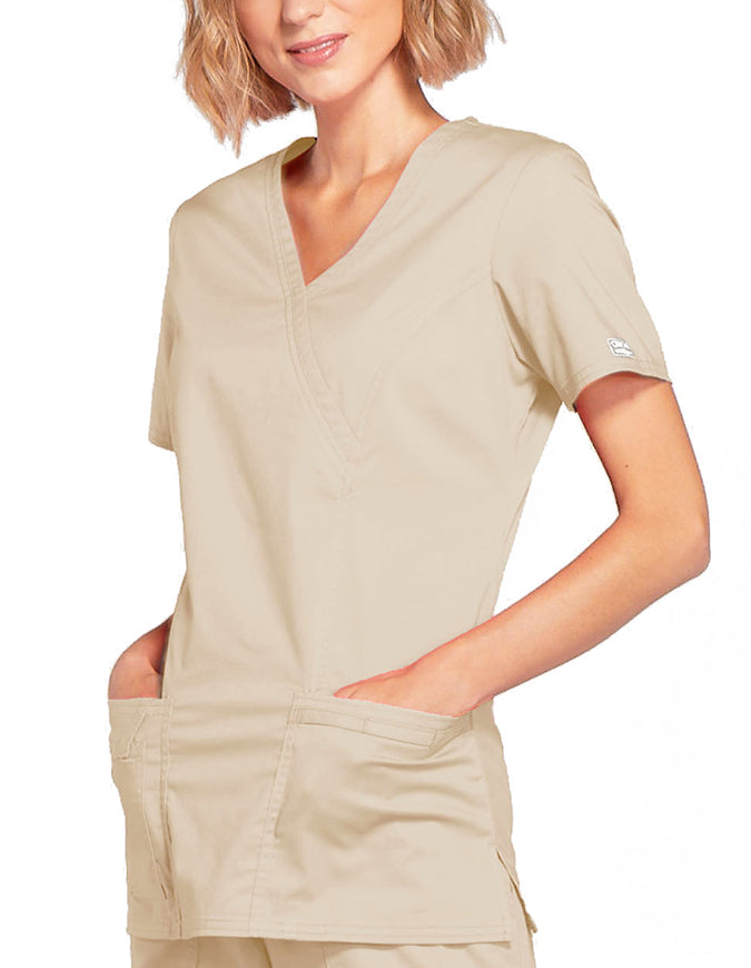 Cherokee Workwear Womens Mock Wrap Scrub Top Khaki