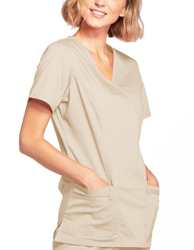 Cherokee Workwear Womens Mock Wrap Scrub Top Khaki