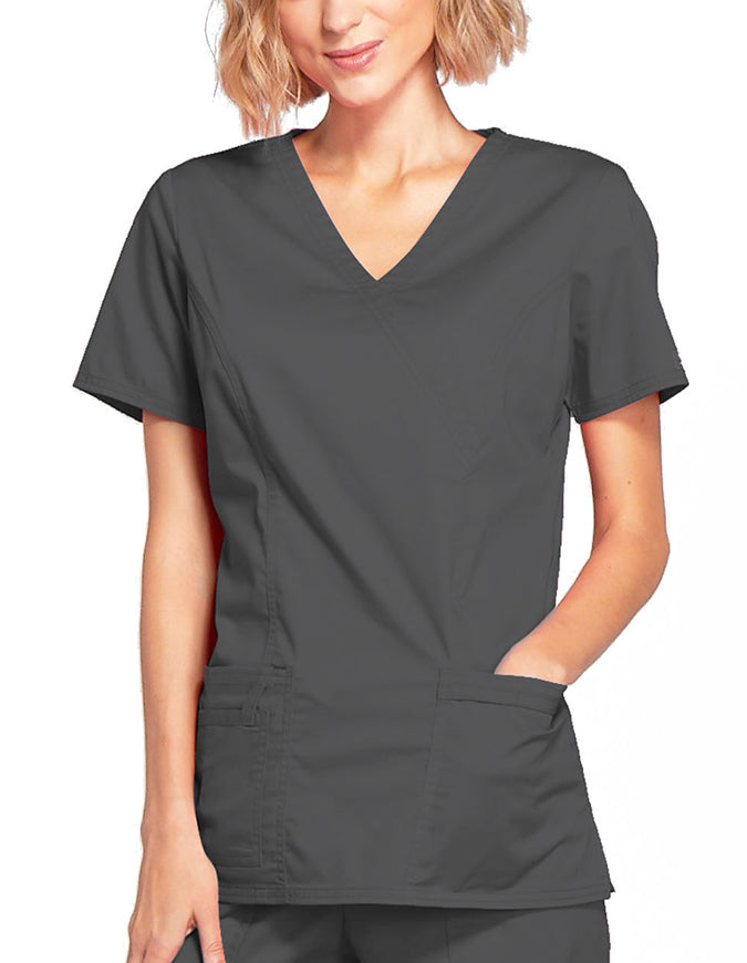 Cherokee Workwear Womens Mock Wrap Scrub Top pewter