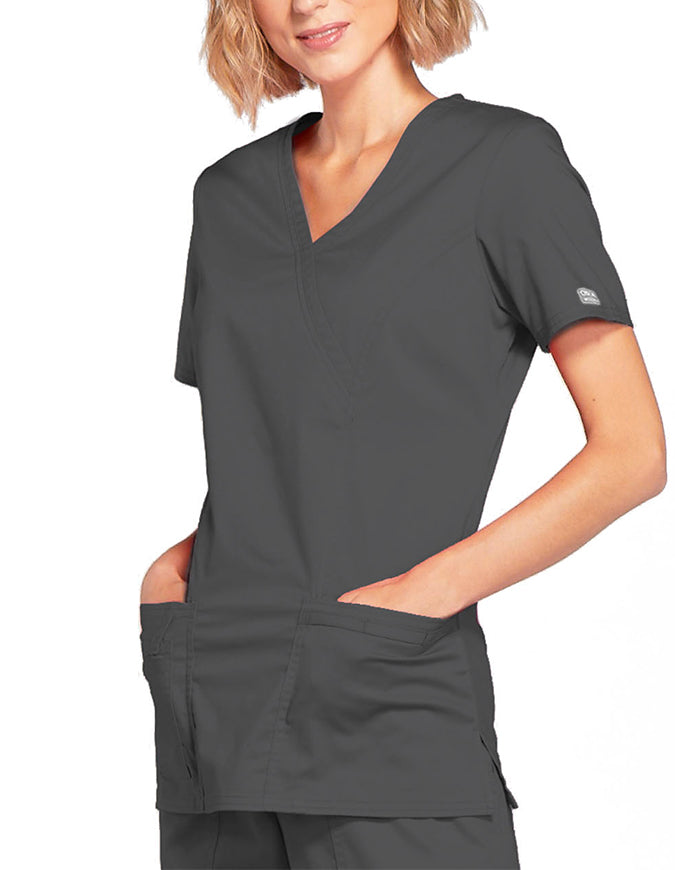 Cherokee Workwear Womens Mock Wrap Scrub Top pewter