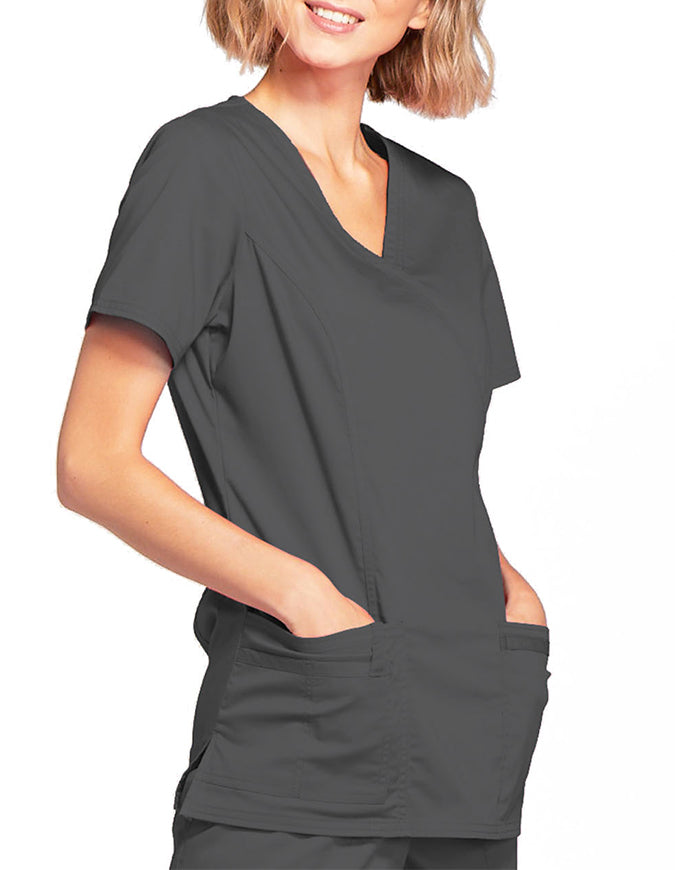 Cherokee Workwear Womens Mock Wrap Scrub Top pewter