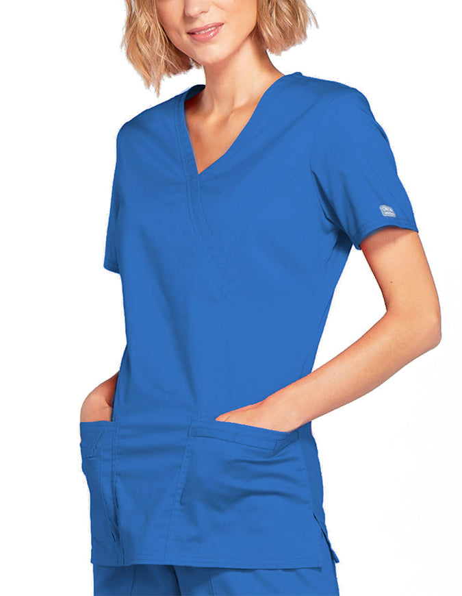 Cherokee Workwear Womens Mock Wrap Scrub Top Royal