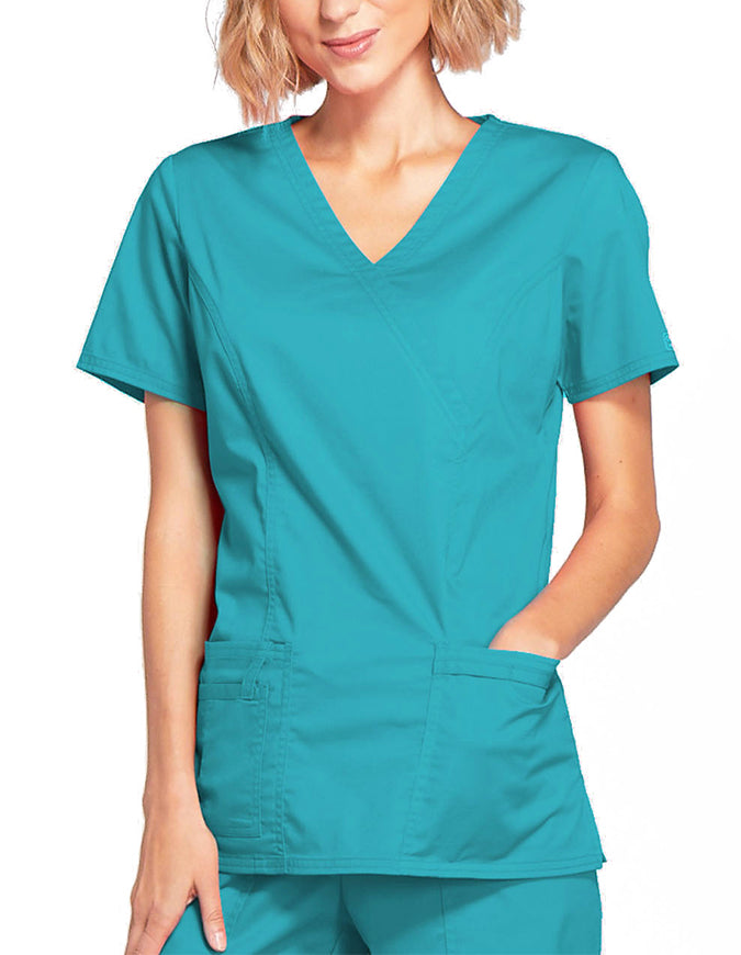 Cherokee Workwear Womens Mock Wrap Scrub Top Teal Blue