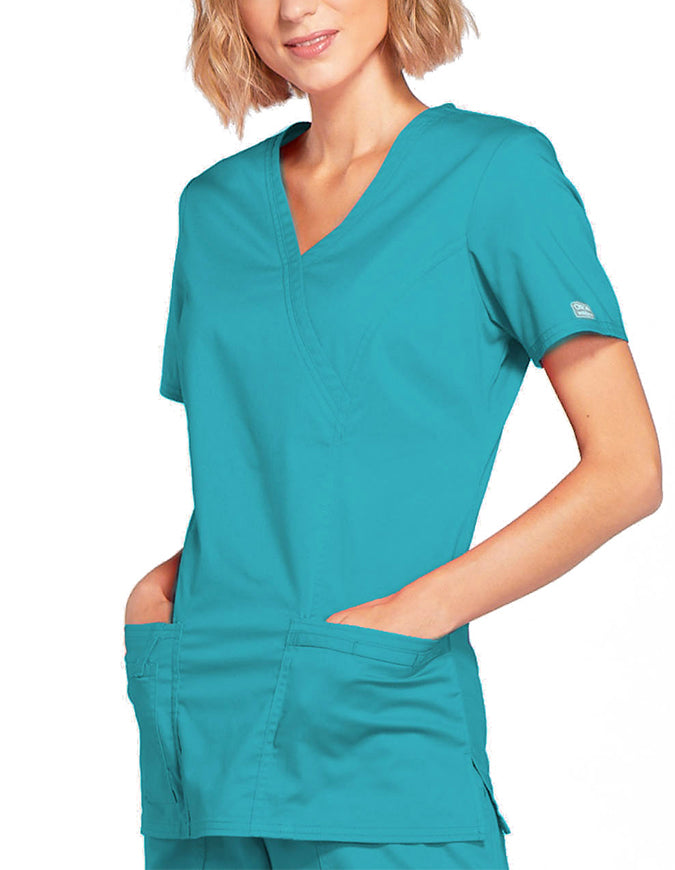 Cherokee Workwear Womens Mock Wrap Scrub Top Teal Blue