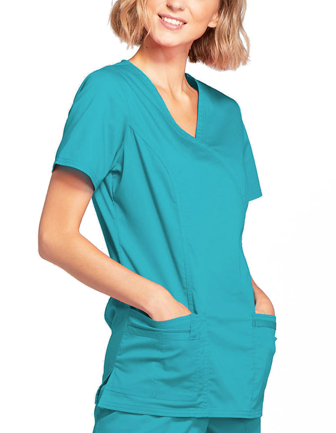 Cherokee Workwear Womens Mock Wrap Scrub Top Teal Blue