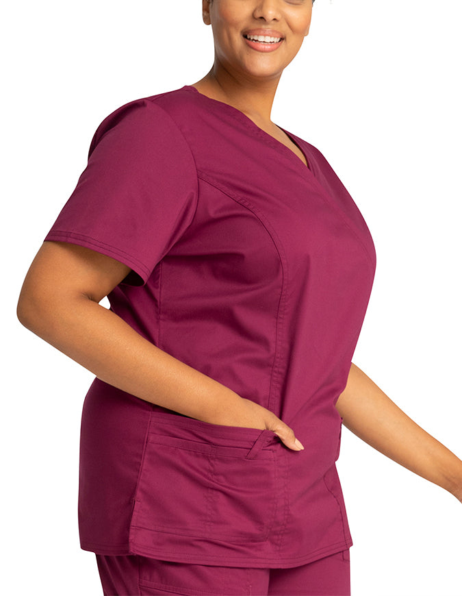 Cherokee Workwear Womens Mock Wrap Scrub Top Wine