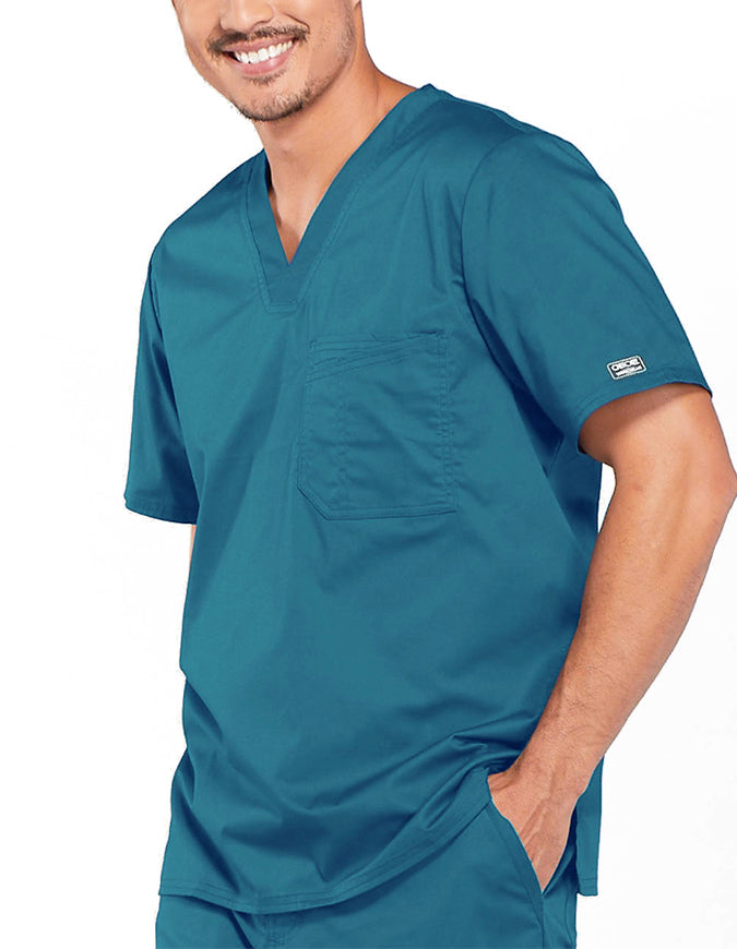 Cherokee WorkWear Men's Double Chest Pocket V-Neck Scrub Top - Caribbean Blue