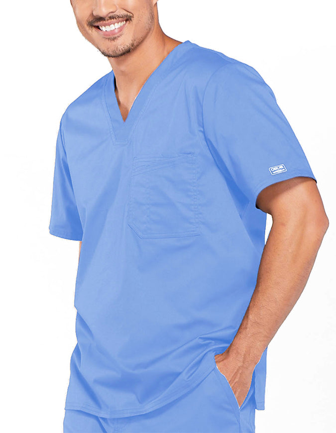 Cherokee WorkWear Men's Double Chest Pocket V-Neck Scrub Top - Ciel Blue