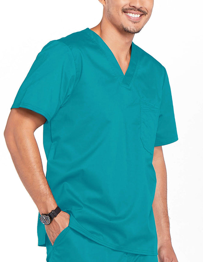 Cherokee WorkWear Men's Double Chest Pocket V-Neck Scrub Top - Teal Blue