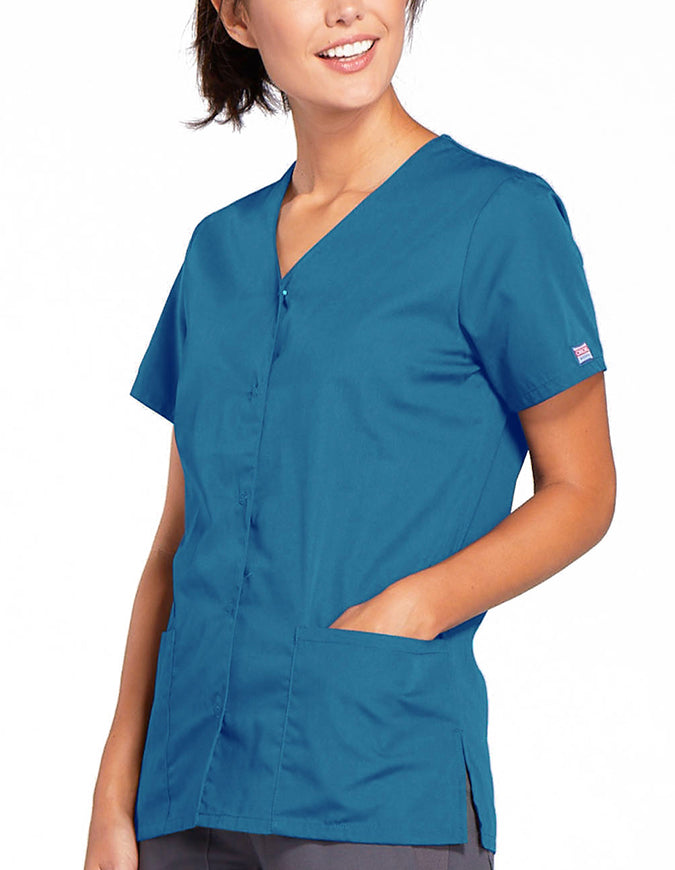 Cherokee Workwear 26.5 Inch Women's Snap Front Scrub Top Caribbean Blue