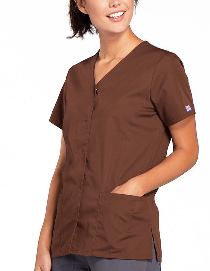 Cherokee Workwear 26.5 Inch Women's Snap Front Scrub Top Chocolate