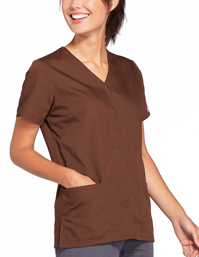 Cherokee Workwear 26.5 Inch Women's Snap Front Scrub Top Chocolate