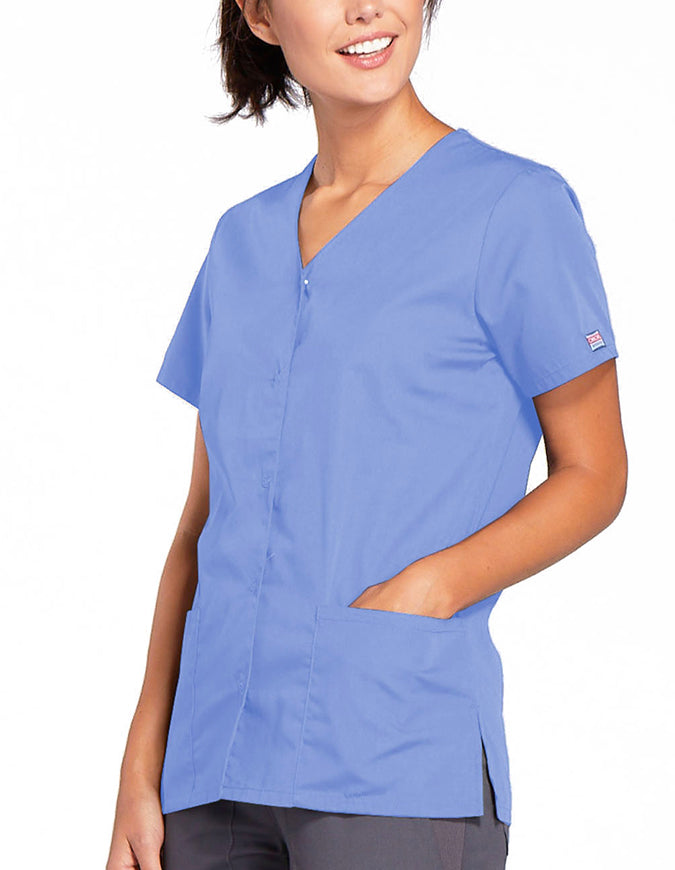 Cherokee Workwear 26.5 Inch Women's Snap Front Scrub Top Ciel Blue